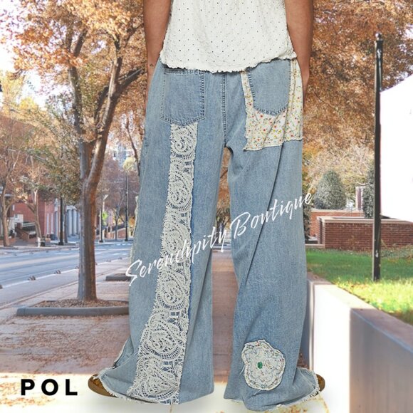 POL Super Baggy Floral Lace Patchwork Faded Oversized Wide Leg Baggy Denim Jeans - Picture 4 of 9